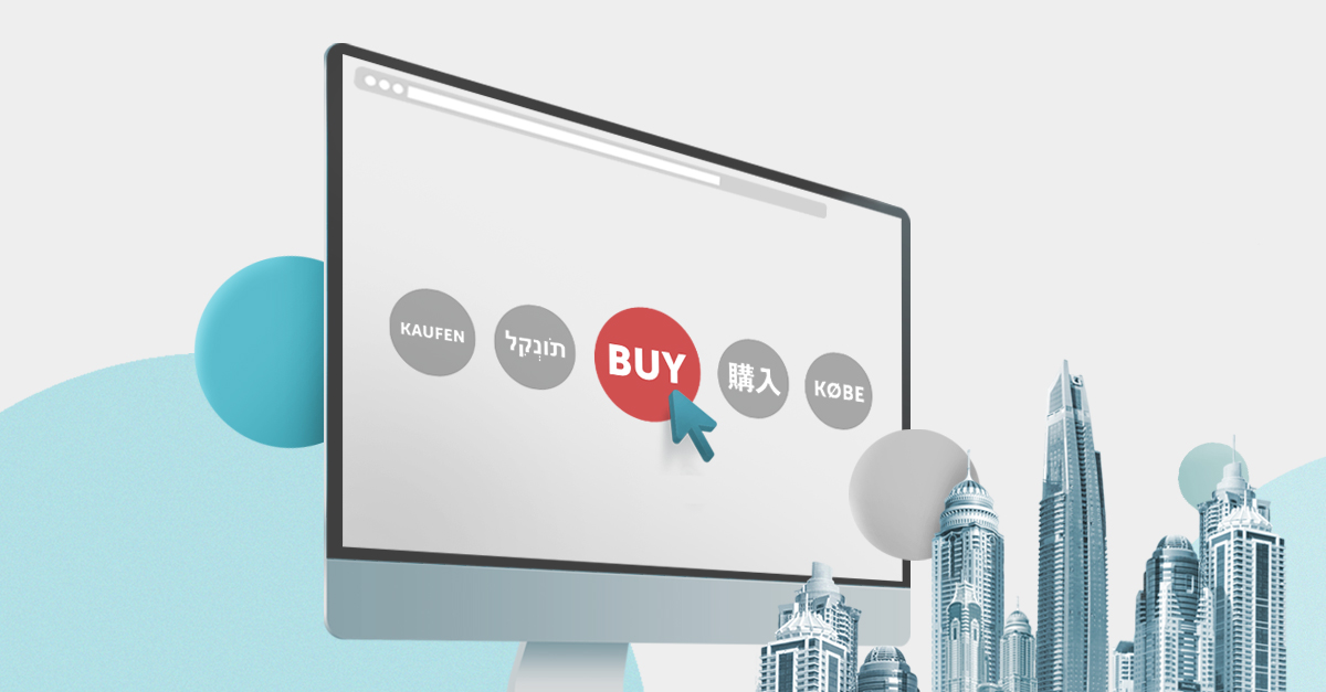 Afbeelding van een computer, een cursor klikt op een rode knop met het woord 'kopen' ernaast heeft andere niet-geselecteerde knoppen in verschillende talen