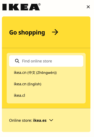 Den globale websitevælger, der bruges af Ikea, og som giver mulighed for flere sprogvalg.