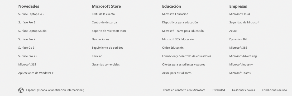 Pie de página en el sitio web de Microsoft con el selector de idioma a la izquierda