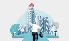  Collage illustration with a businessman running on top of an arrow heading to a city with tall buildings
