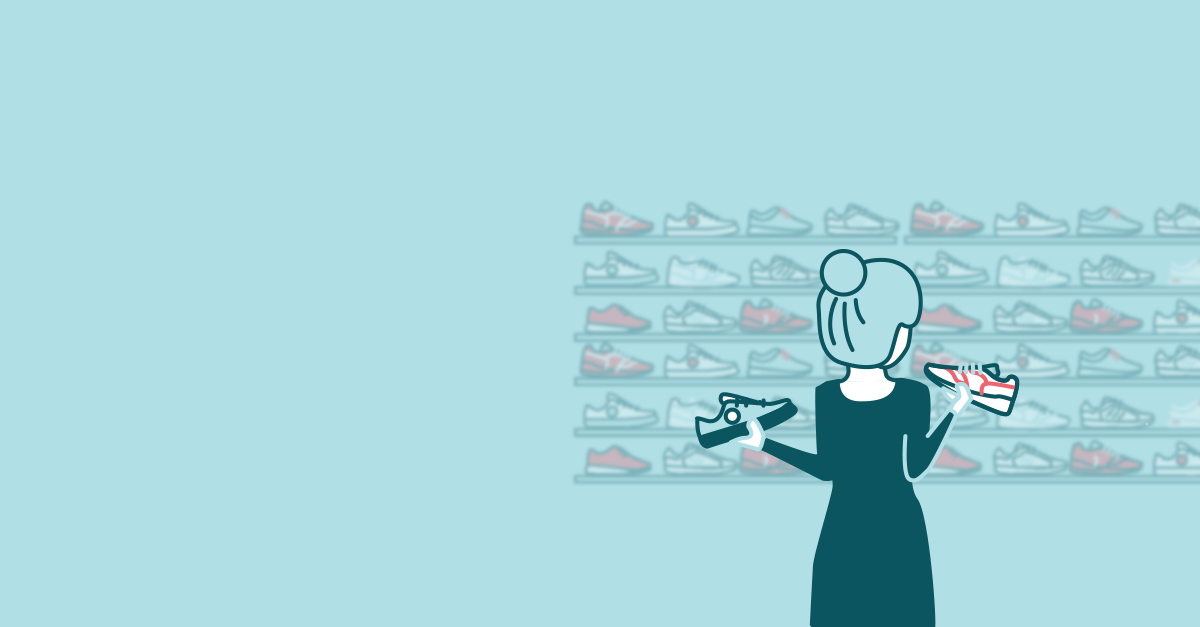 Illustration of a lady choosing shoes in a shop