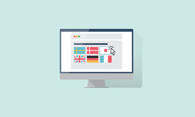 Computer illustration with different country flags and the cursor selecting the Japanese one