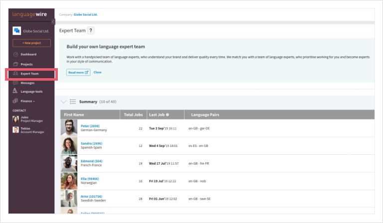 Screenshot of  LanguageWire Content Platform dashboard, showing and highlighting the 