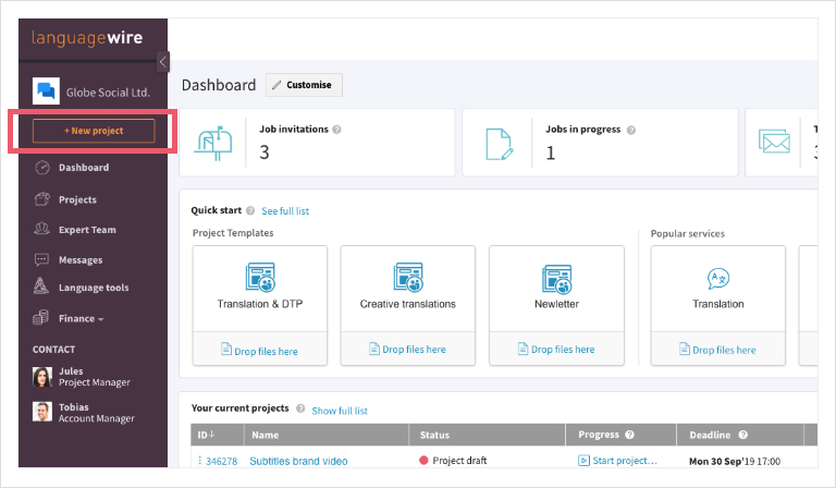 Screenshot of  LanguageWire Content Platform dashboard, highlighting the 