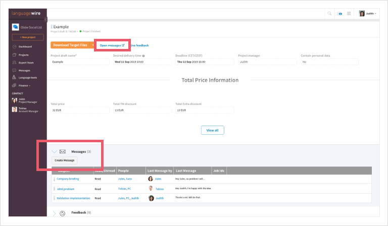 Screenshot of  LanguageWire Content Platform dashboard, highlighting the contact team a specific project screen