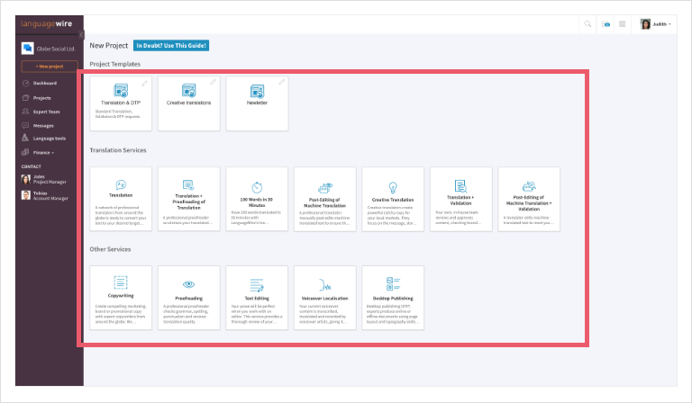 Screenshot of  LanguageWire Content Platform dashboard, highlighting the available services