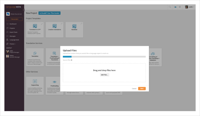 Screenshot of  LanguageWire Content Platform dashboard, highlighting the drag and drop menu to select the source file