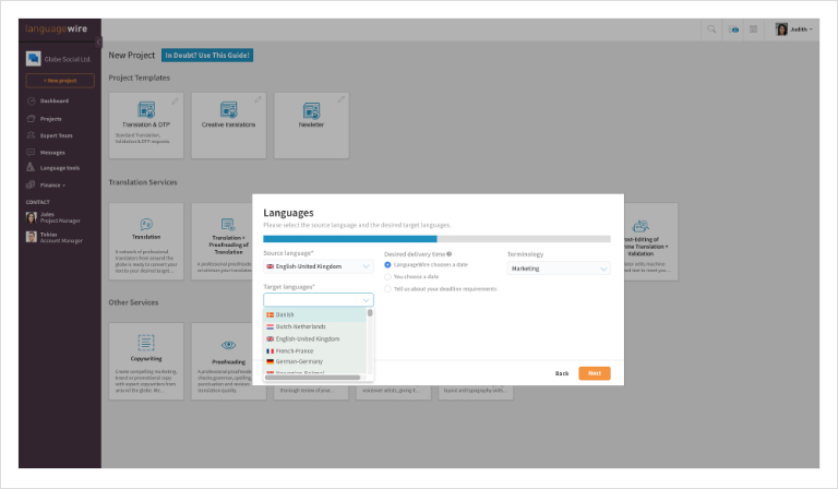 Screenshot of  LanguageWire Content Platform dashboard, highlighting source and target languages selection