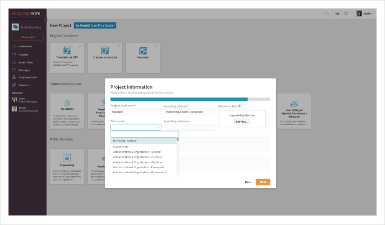 Screenshot of  LanguageWire Content Platform dashboard, highlighting area of expertise