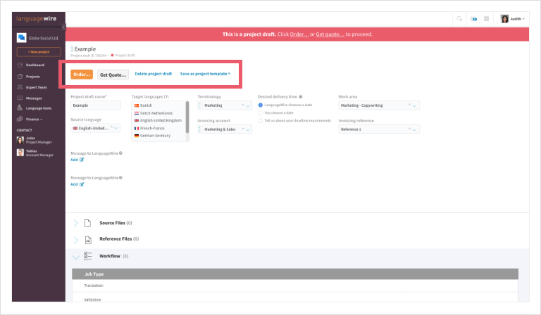 Screenshot of  a project draft on the LanguageWire Content Platform