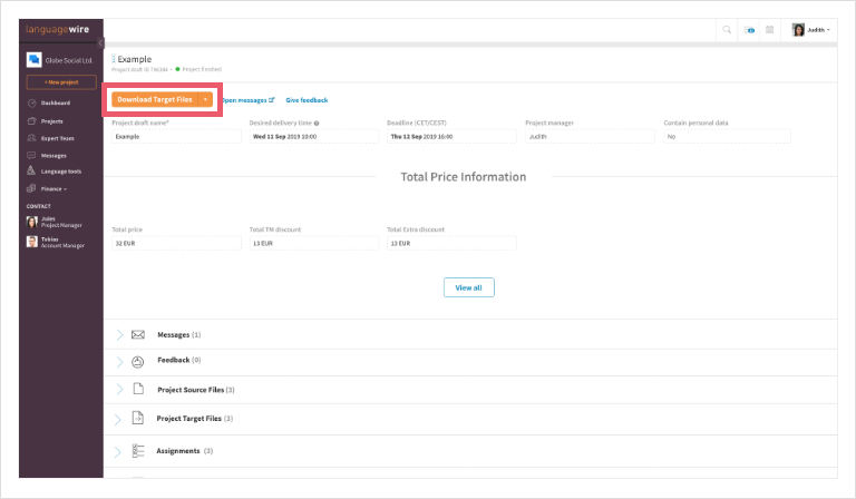 Screenshot of  LanguageWire Content Platform dashboard, highlighting the 