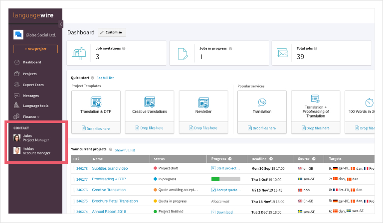 Screenshot of  LanguageWire Content Platform dashboard, highlighting the contact team in the left menu