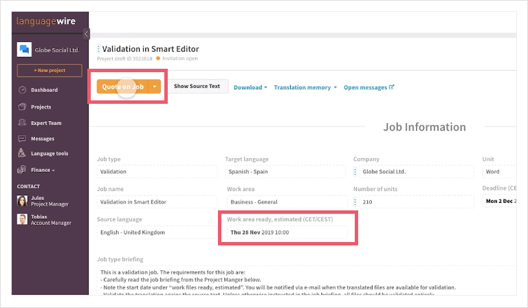 Screenshot of the validation page job with all the details inside the LanguageWire Content Platform.
