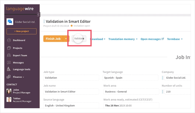 Screenshot of  LanguageWire Content Platform dashboard, highlighting the 