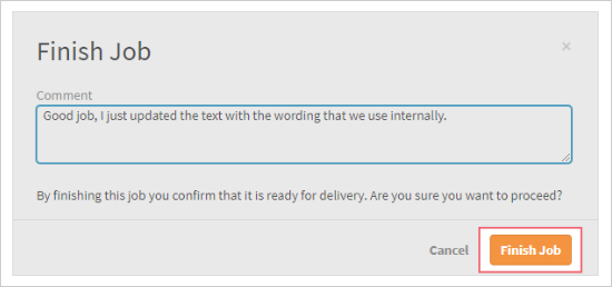 Finish job dialogue on LanguageWire Content Platform