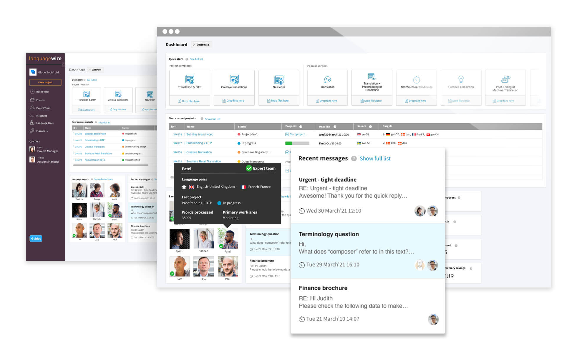 3 screens superposed of the LanguageWire Content Platform