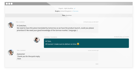 Un client en conversation avec un expert via la fonction Messenger sur la plateforme LanguageWire, image simplifiée.
