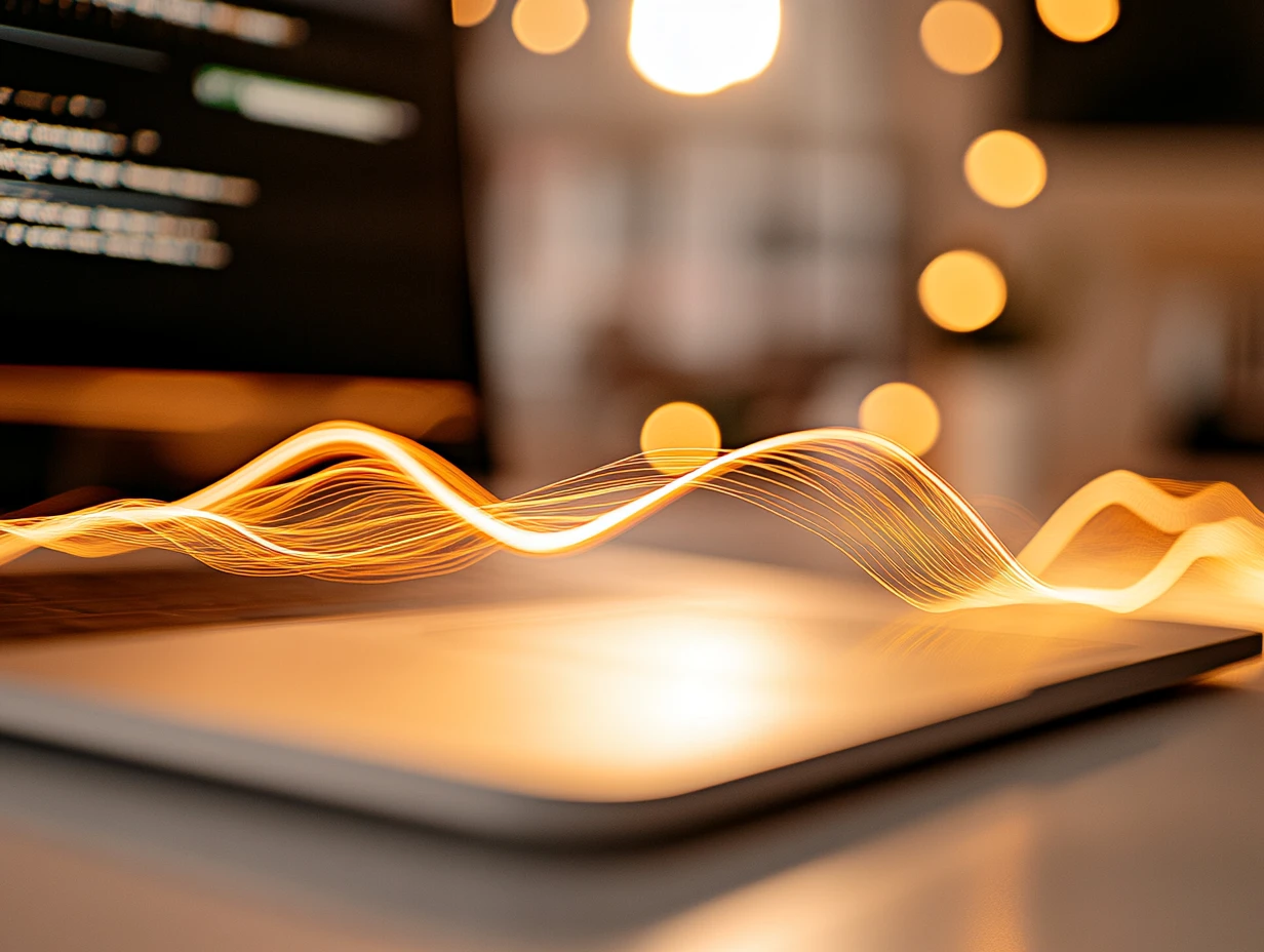 Glowing yellow stream emerging from a laptop screen, representing translation technology