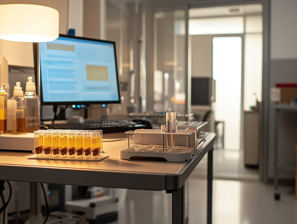 Lab desk with test tubes and computer screen in clinical setting