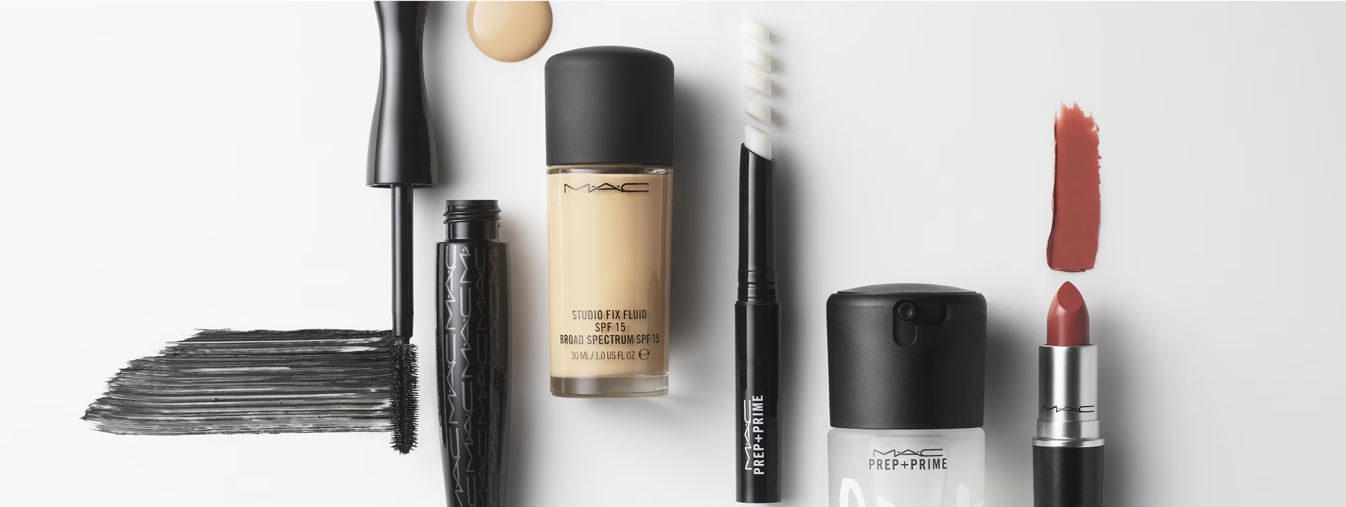 MAC Cosmetics product lineup on neutral background
