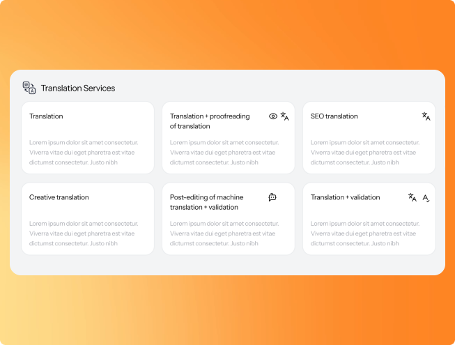 UI of LanguageWire TMS with an overview of some translation services such as translation, proofreading, validation, creative translation, SEO, etc.