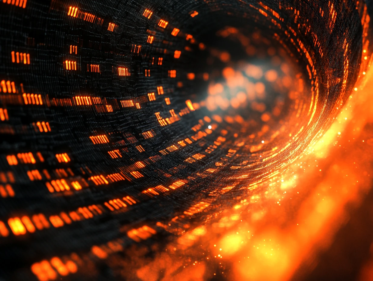 Orange glowing cone of code on a dark blue background