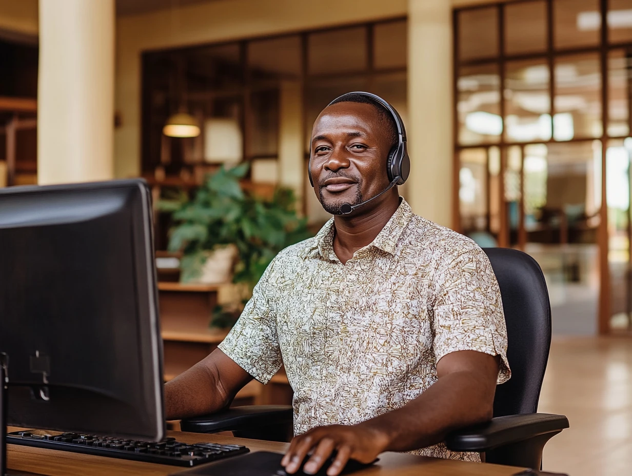 Man working in customer support sits at computer wearing headphones and looks into camera while on a customer call
