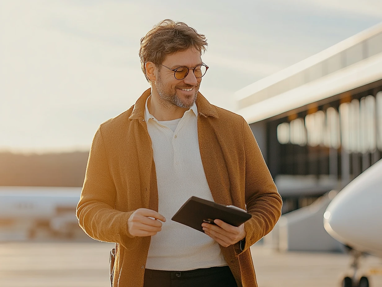 Man at airport walking with a tablet