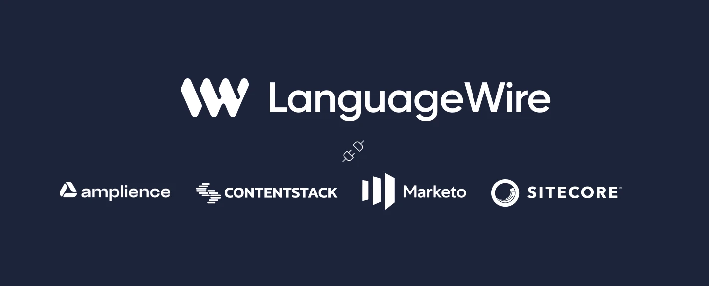 LanguageWire logo alongside Amplience logo, Contentstack logo, Marketo logo & Sitecore logo to show integration overview on dark blue background