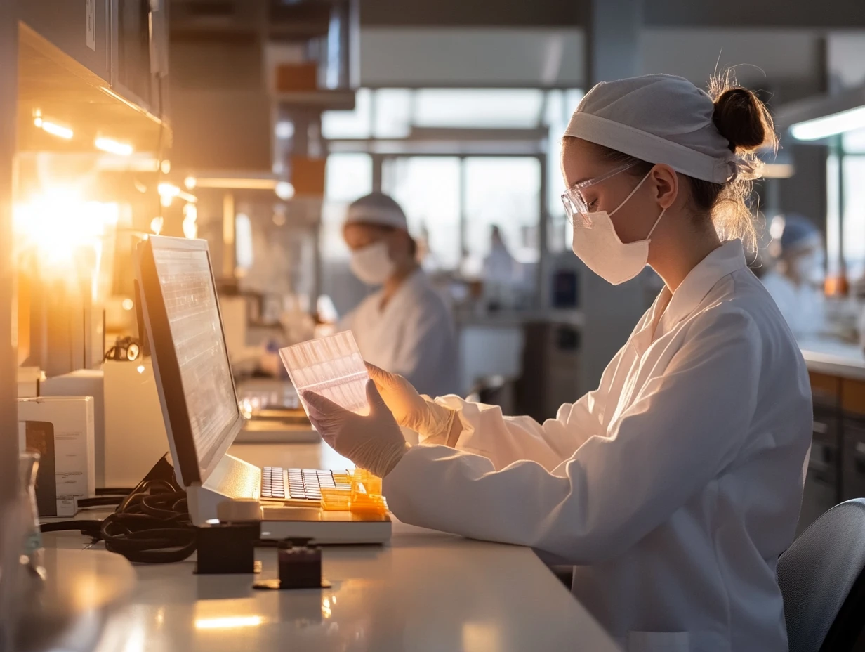 Female scientist using pipette in lab with safety gear in front of her desktop