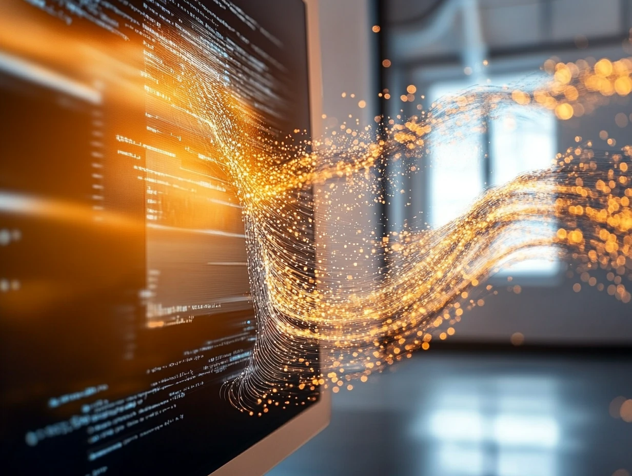 Glowing orange stream emerging from a computer screen with code on it, representing translation technology