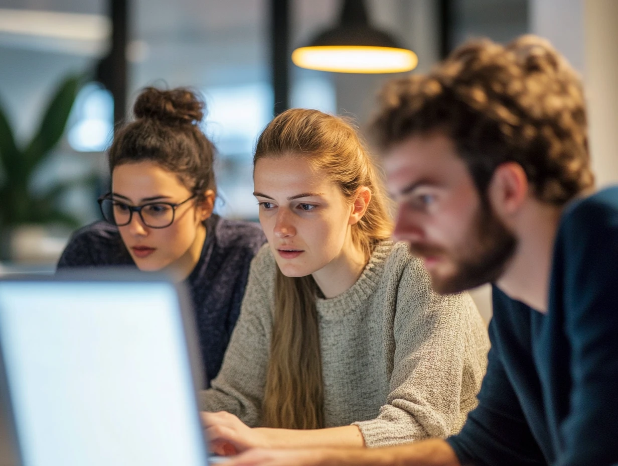 Group of people collaborating in front of screen