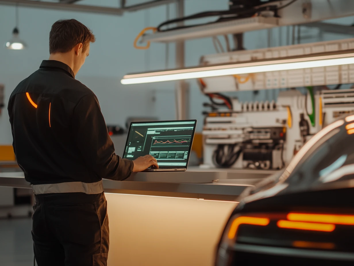 Engineer working on computer in automotive factory