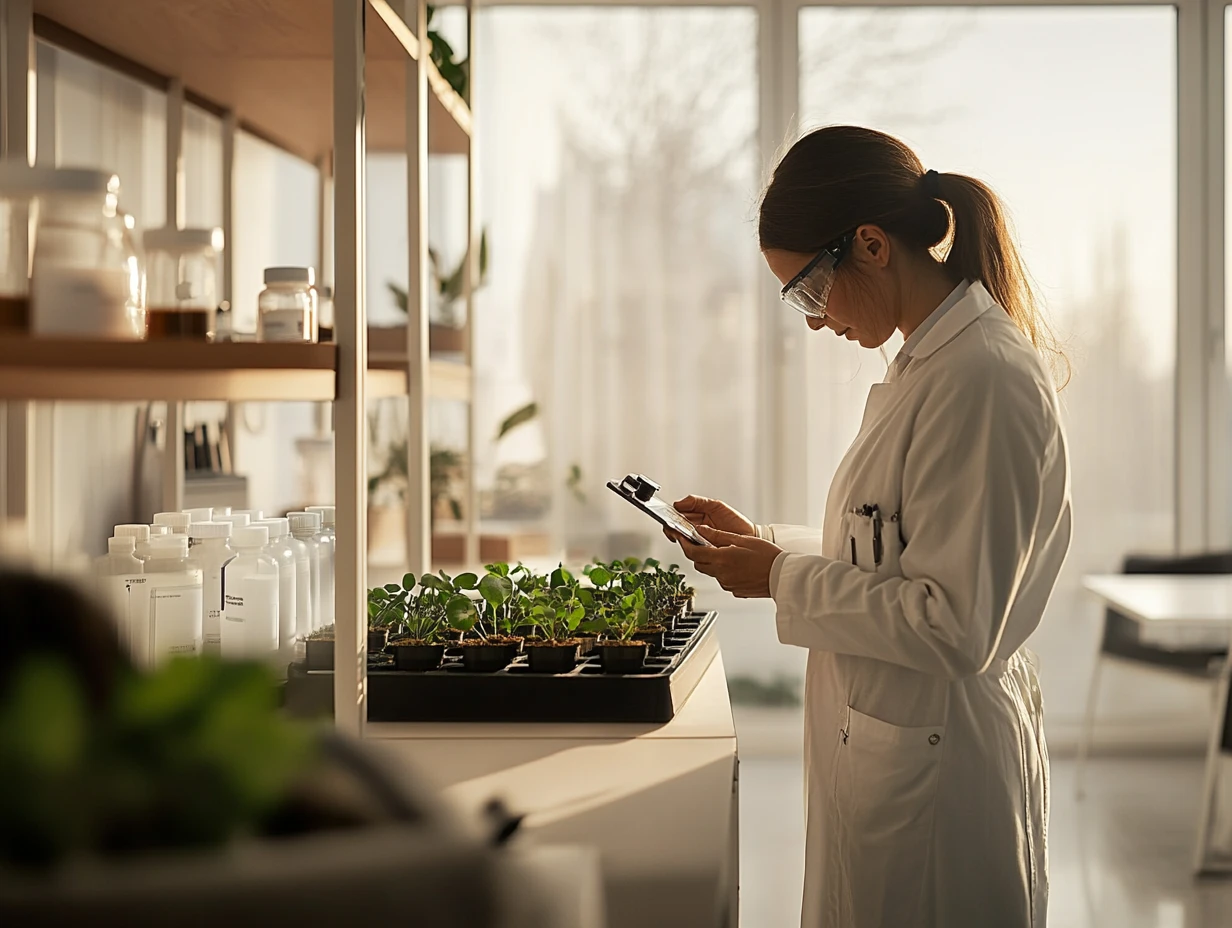 Woman wearing lab coat and glasses conducting research on plants in a laboratory