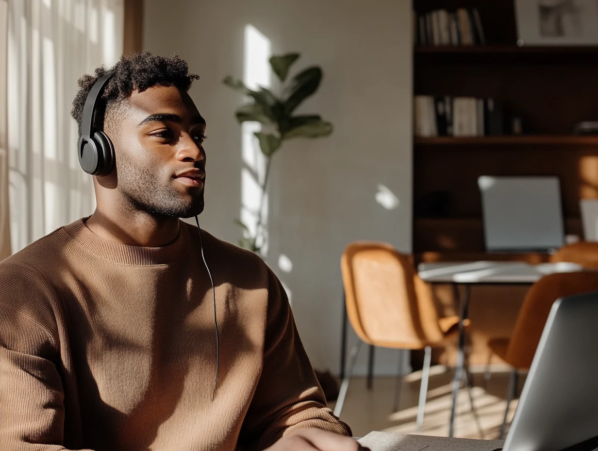 Man sitting in cafe wearing headphones using his laptop
