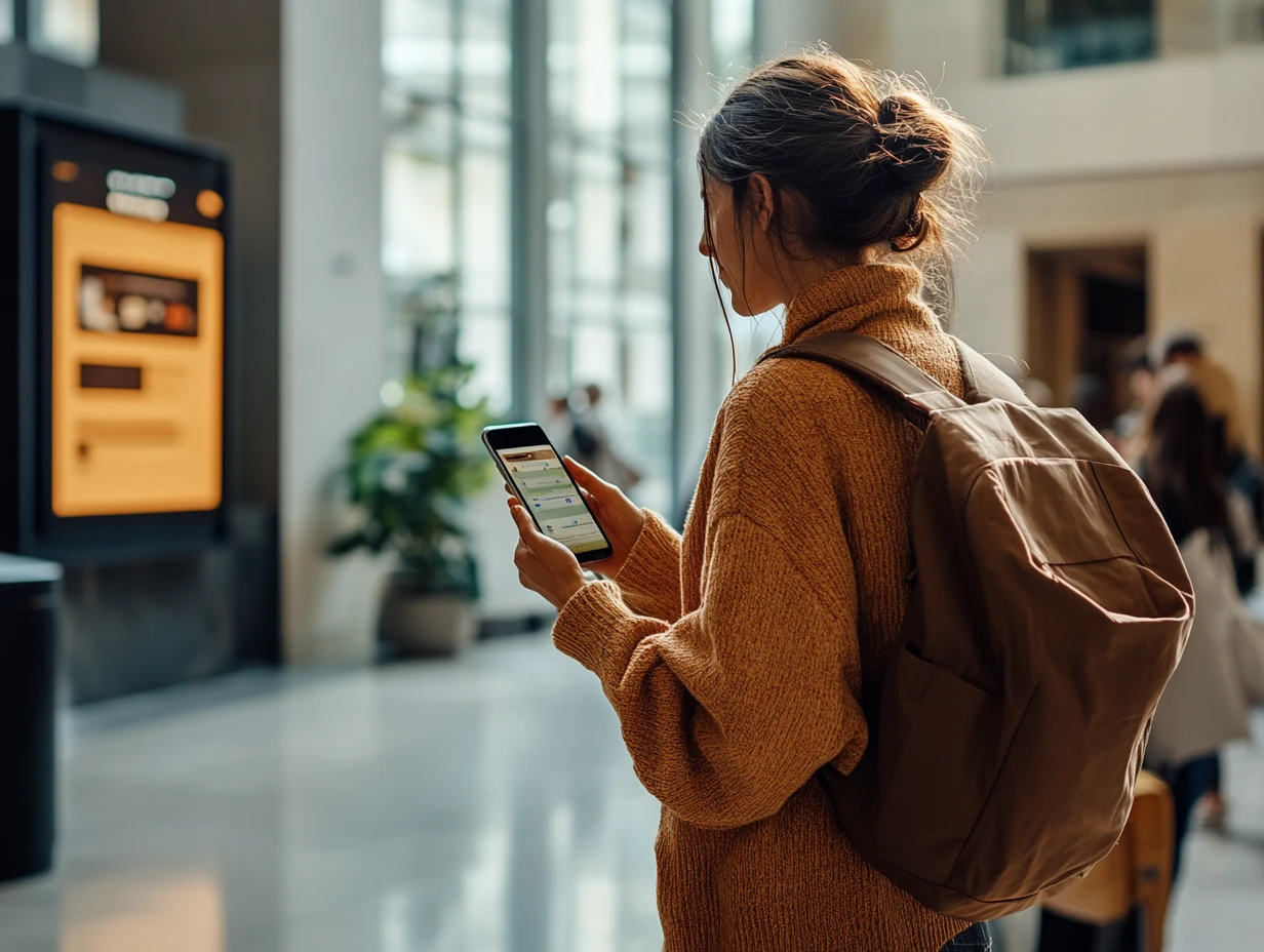 Woman traveling wearing backpack holds phone in hand to translate a sign