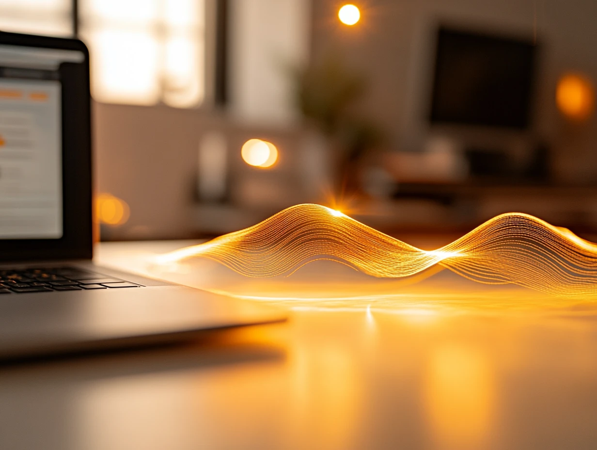 Glowing yellow stream emerging from a laptop screen, representing translation technology