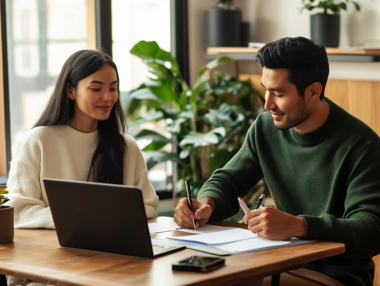 A man and a woman discussing in an office