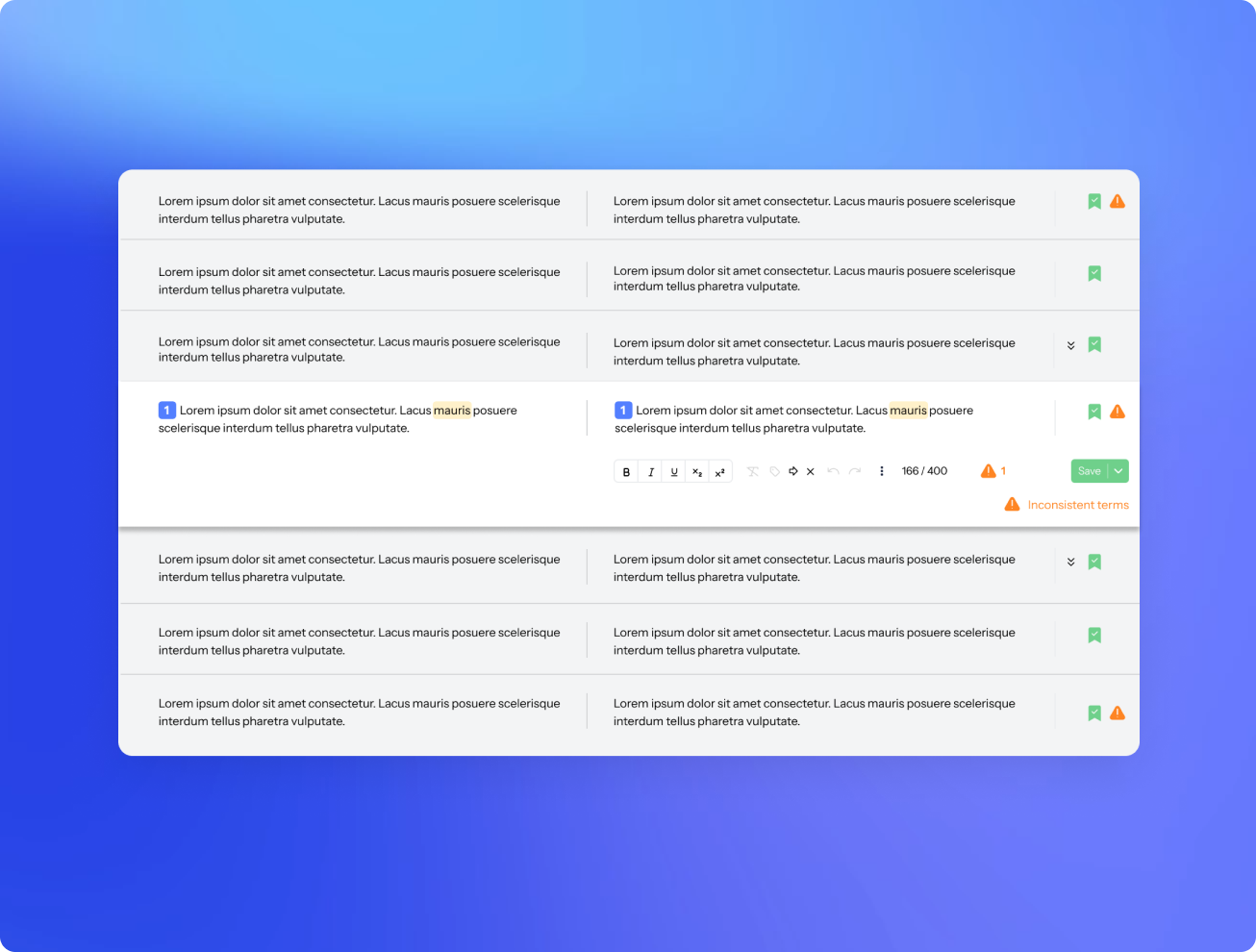 UI of LanguageWire's Smart Editor filled with source text and text for translation on a blue gradient background