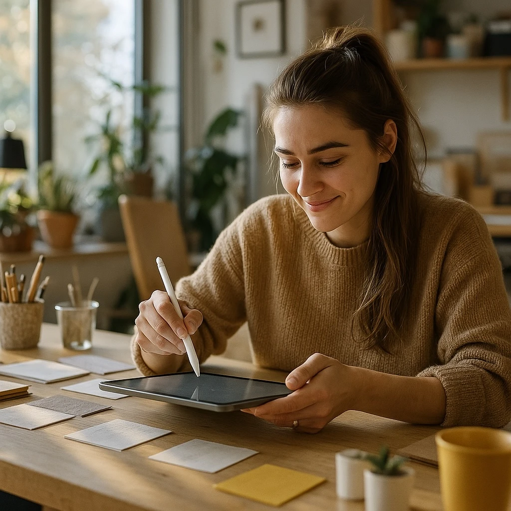 Woman writing with a pen on her tablet