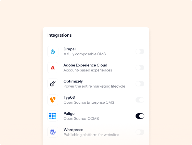 Illustration of a list of integration partners with a toggle for Paligo turned on
