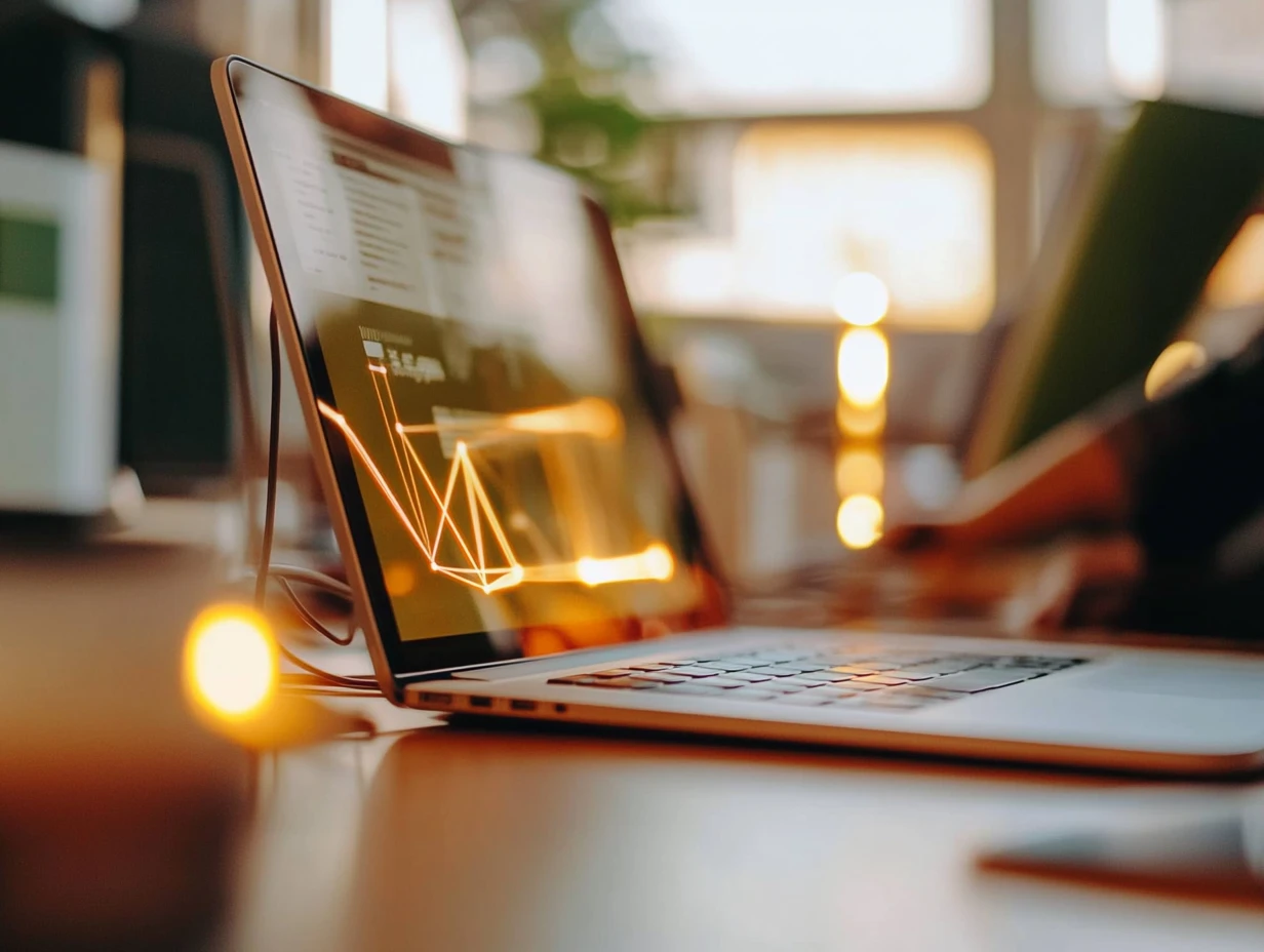 Laptop on a desk displaying glowing lines to represent technology