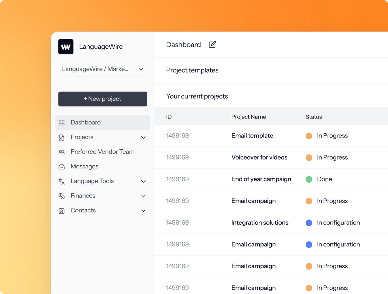 UI of LanguageWire's TMS dashboard showing messages, project overview and templates an orange gradient background