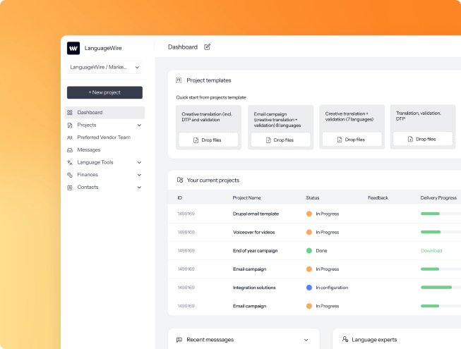 UI of LanguageWire's TMS dashboard showing messages, project overview and templates an orange gradient background
