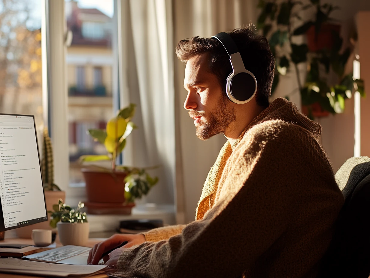 Man sitting at a desk, wearing headphones, working on his computer