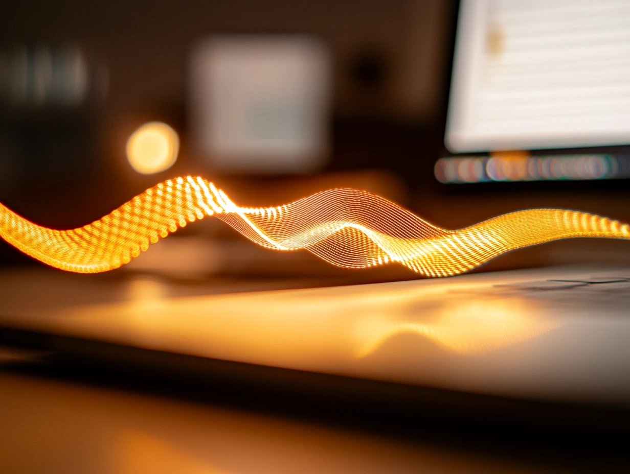 Glowing yellow stream emerging from a laptop screen, representing translation technology