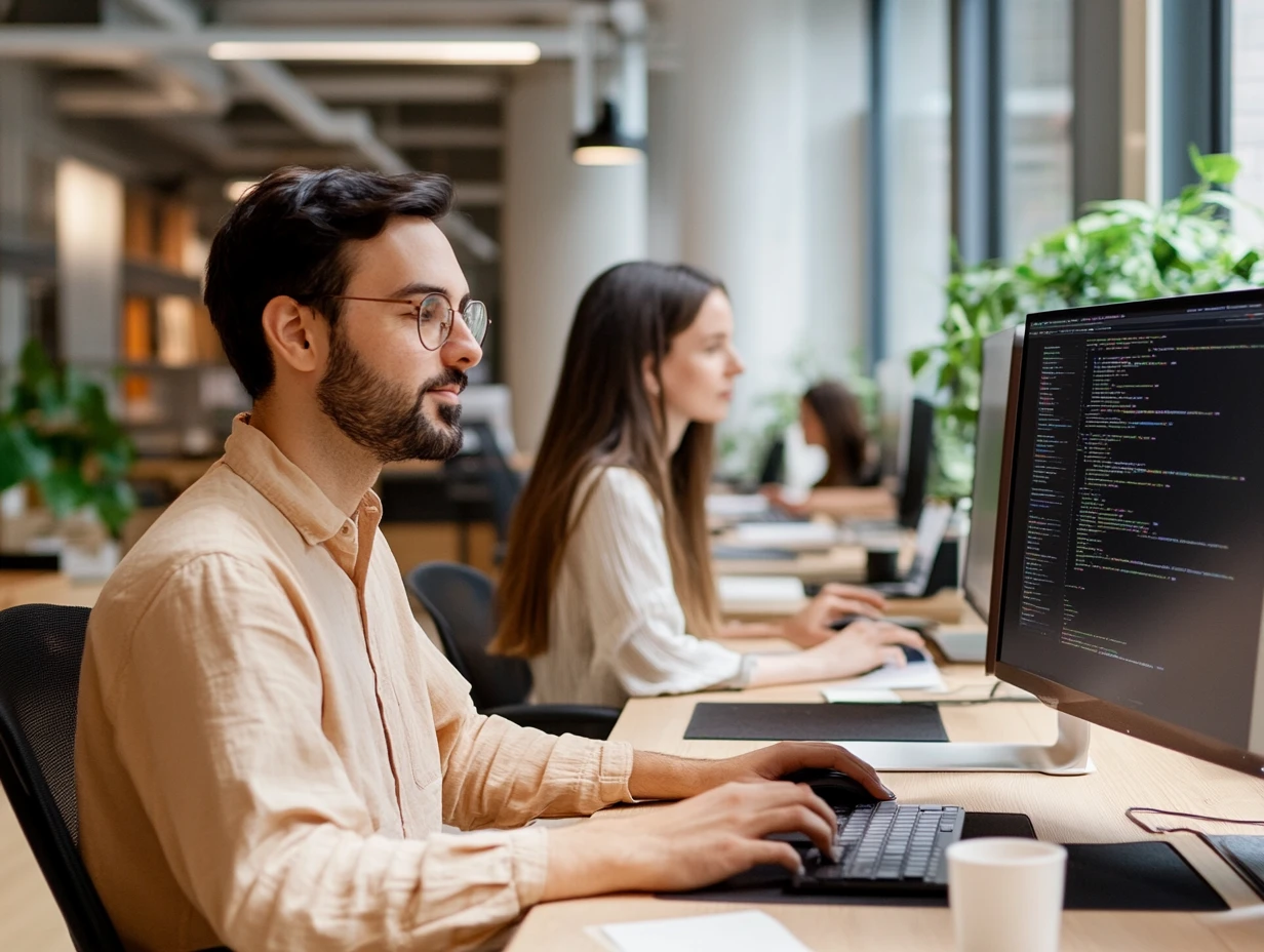 Two coworkers at their desks working on their computers in an open concept office
