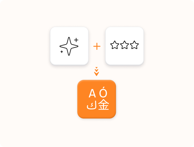 An illustration of icons that represent translation quality on an orange background