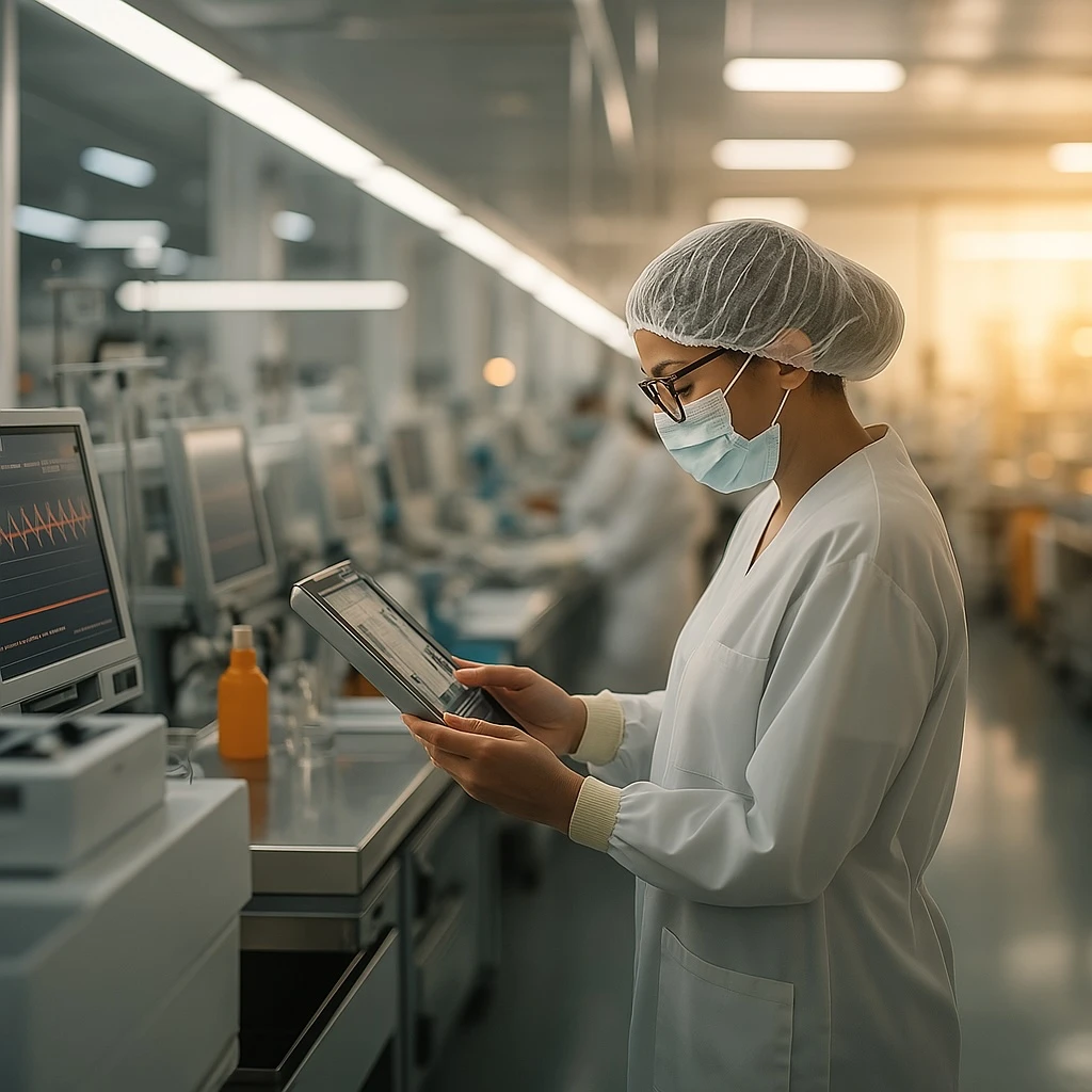 Person in lab coat and mask reviewing data on tablet in laboratory