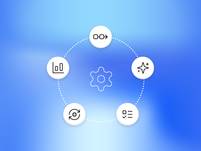 Five icons in a circle with a gear icon in the center to indicate a modular engine on a blue gradient background 